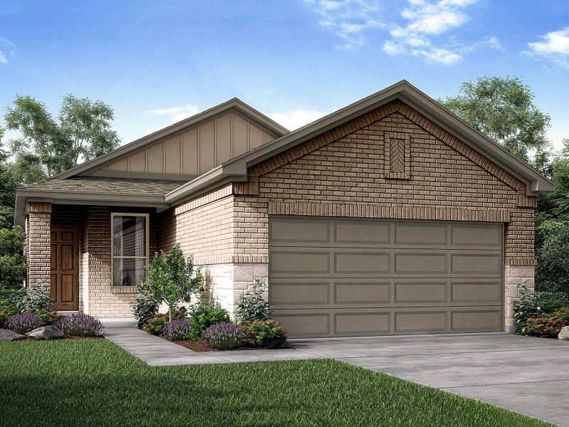 Front exterior of a new home in Granger Pointe - Traditional Series, Conroe, TX, highlighting curb appeal (Image 1).