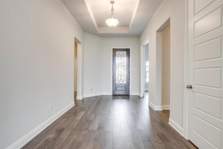 Foyer featuring dark hardwood / wood-style flooring and a tray ceiling