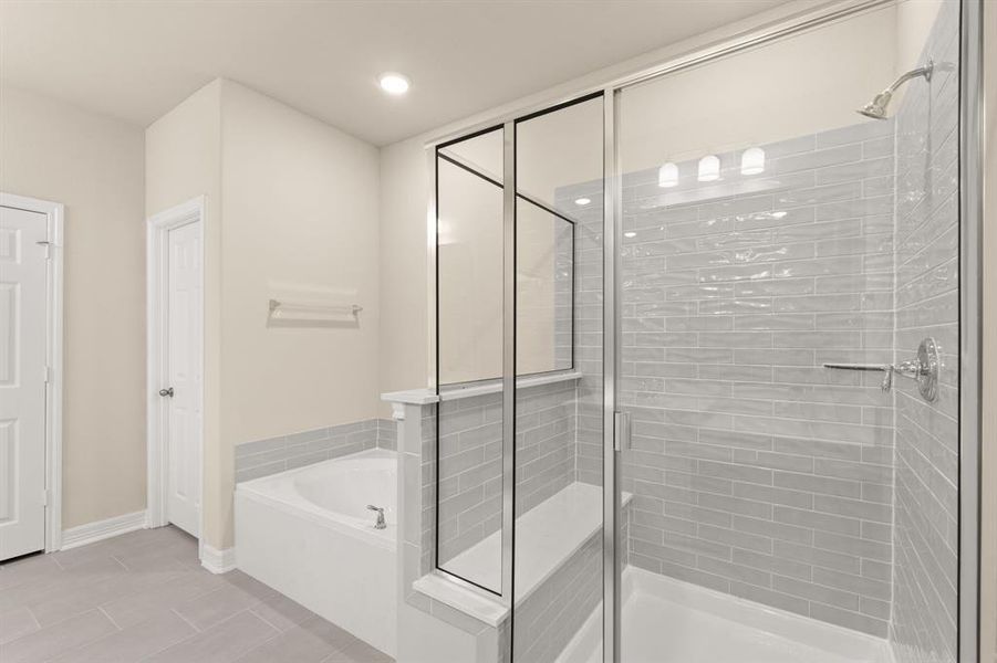 This additional view of your primary bathroom features tile flooring, fresh paint, walk-in shower, a separate garden tub, and a large walk-in closet.