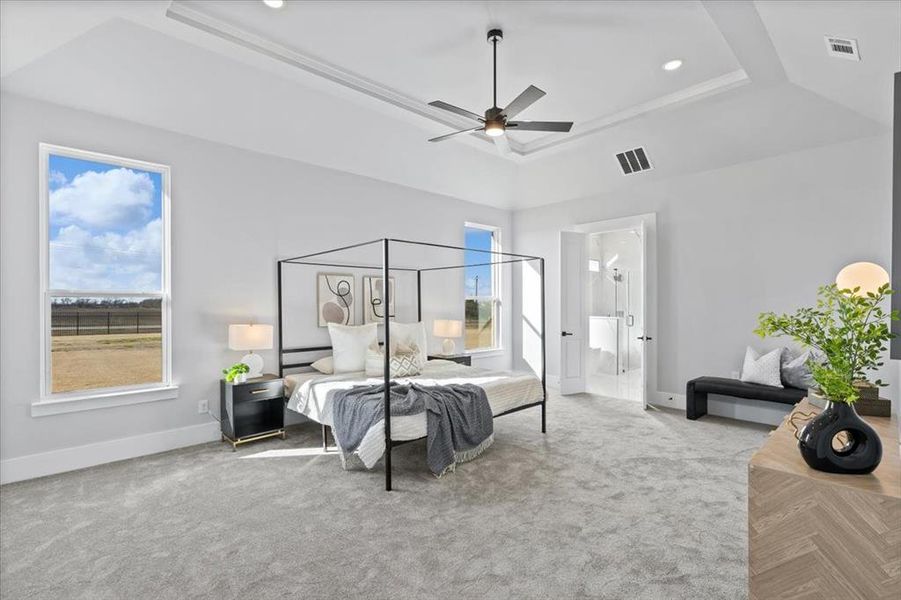 Carpeted bedroom with ceiling fan, a raised ceiling, and ensuite bath