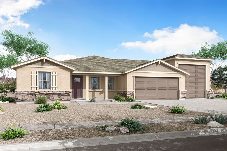 Representative exterior photo of a completed home built from the Mulberry by Mattamy Homes in Las Ventanas - RV Collection, Goodyear, AZ (Image 3). Representative exterior photo of a completed home built from the Mulberry by Mattamy Homes in Las Ventanas - RV Collection, Goodyear, AZ (Image 3).
