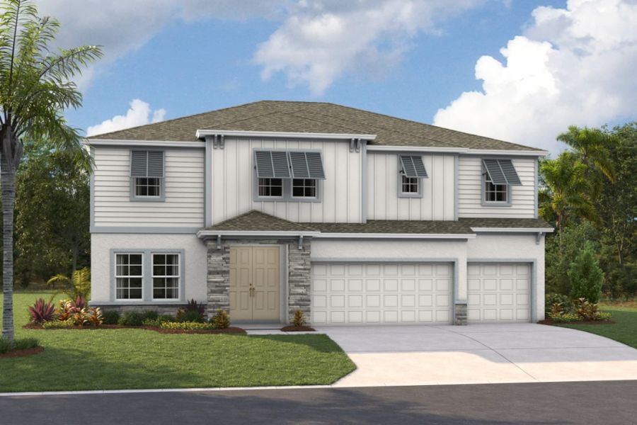 Representative exterior photo of a completed home built from the Virginia Park by Homes by WestBay in Pasadena Woods, Wesley Chapel, FL (Image 2). Representative exterior photo of a completed home built from the Virginia Park by Homes by WestBay in Pasadena Woods, Wesley Chapel, FL (Image 2).