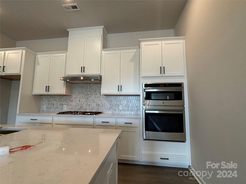 Gourmet Kitchen with Quartz tops and gas range with vent