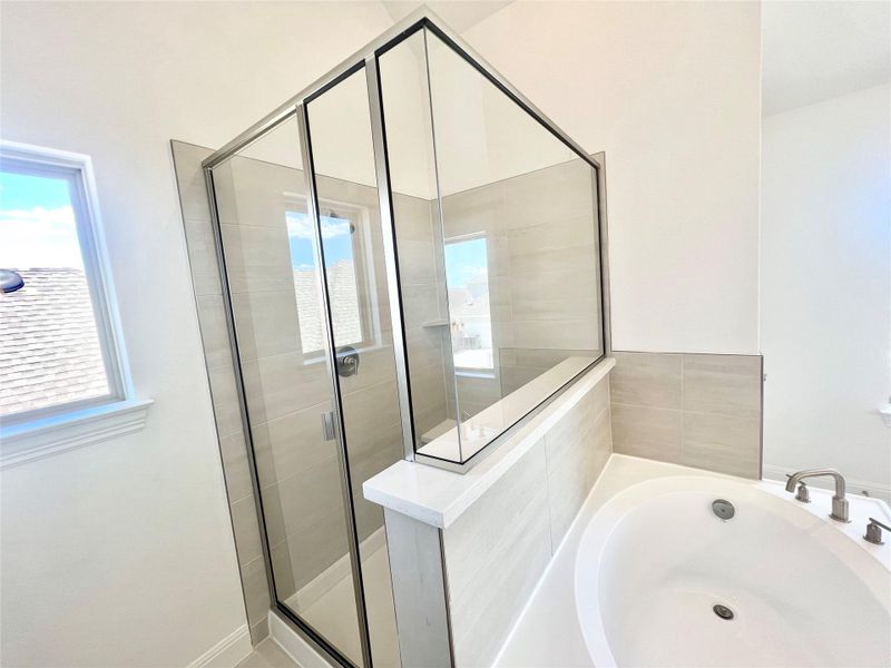 Full bath with a bath and a stall shower