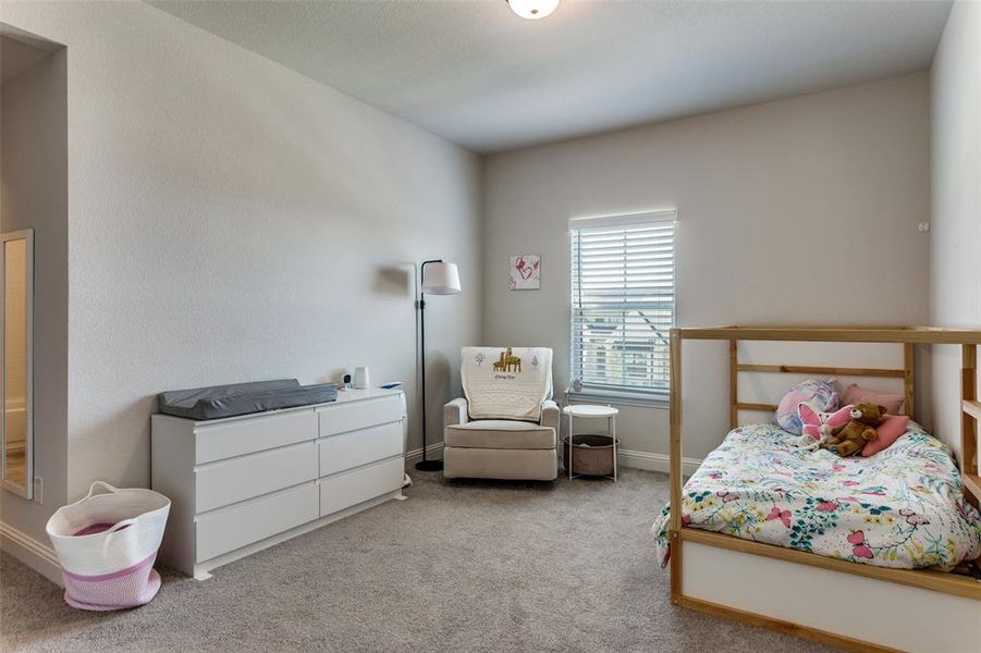 Bedroom featuring light carpet and baseboards Bedroom featuring light carpet and baseboards