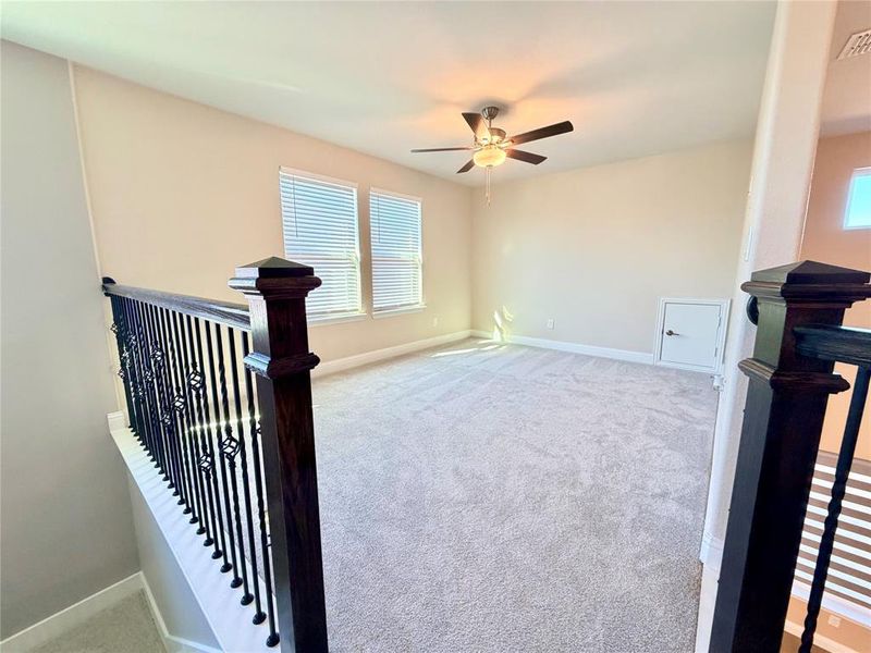 Staircase featuring carpet flooring and a ceiling fan Staircase featuring carpet flooring and a ceiling fan