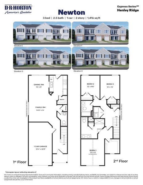 2D floor plan layout for the NEWTON by D.R. Horton in Henley Ridge, Graham, NC (Image 3).