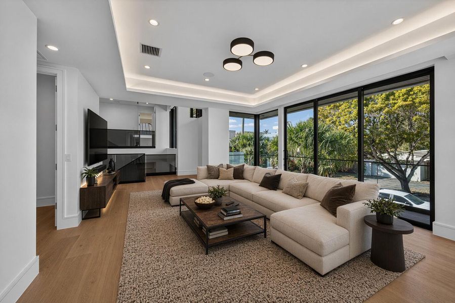 Cozy modern living room with outdoor vie