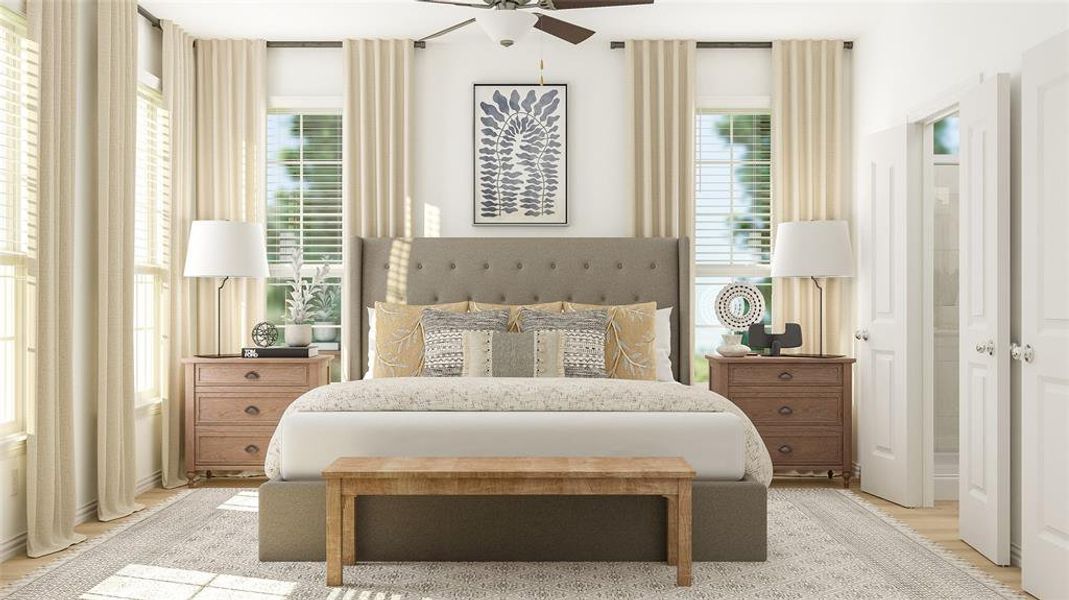 Bedroom featuring light hardwood / wood-style flooring and ceiling fan