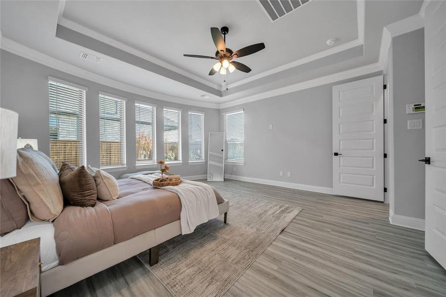 Bedroom featuring a tray ceiling, ornamental molding, light wood finished floors, and a ceiling fan Bedroom featuring a tray ceiling, ornamental molding, light wood finished floors, and a ceiling fan