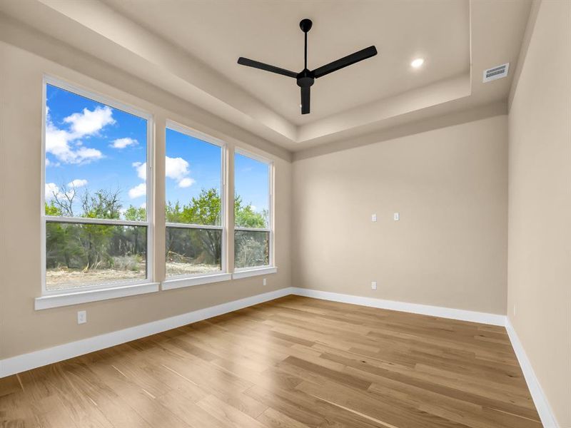 Unfurnished room with hardwood / wood-style flooring, ceiling fan, and a raised ceiling