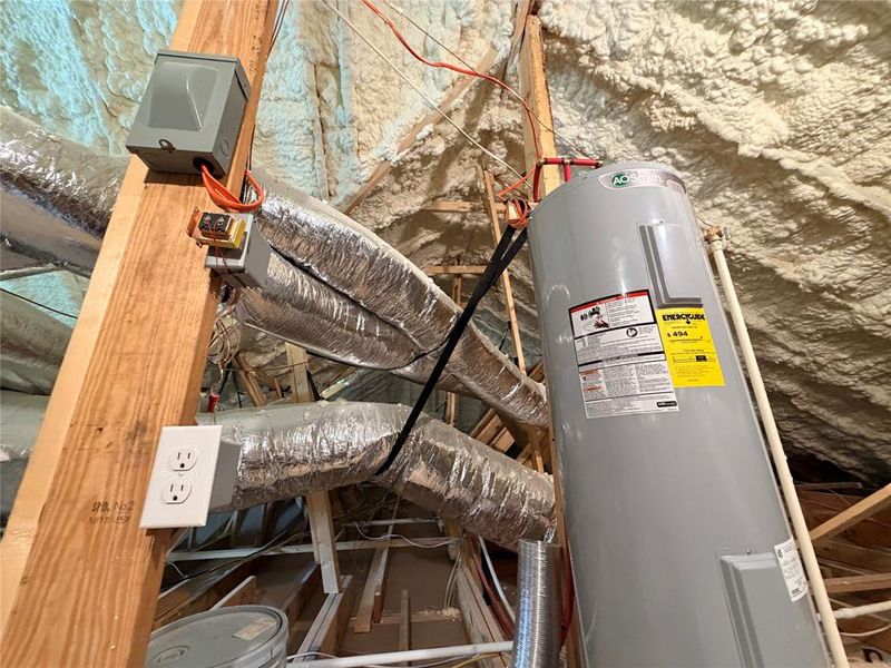 Attic space featuring a water heater, insulated ductwork, and spray foam insulation Attic space featuring a water heater, insulated ductwork, and spray foam insulation