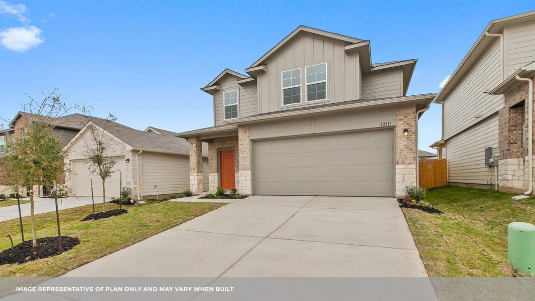 Front exterior of a new home in Carillon, Manor, TX, highlighting curb appeal (Image 20). Front exterior of a new home in Carillon, Manor, TX, highlighting curb appeal (Image 20).
