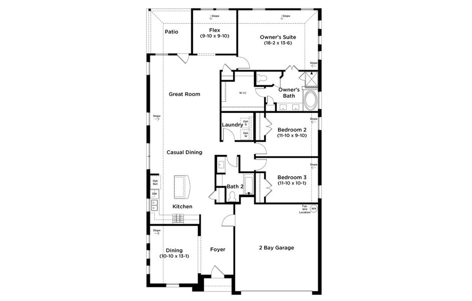 2D floor plan layout for the Laurel by DRB Homes in Infinity Square, Kyle, TX (Image 3).