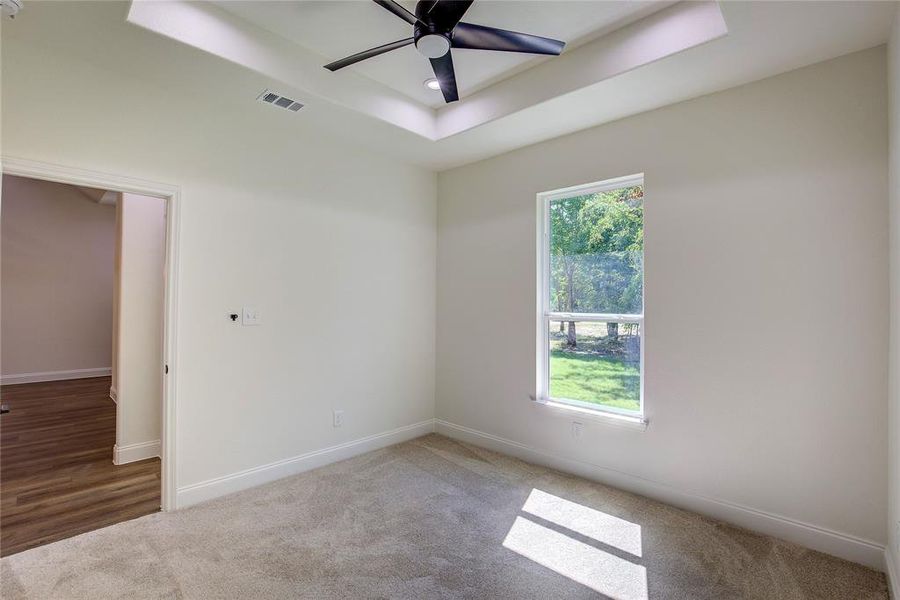 Carpeted spare room with a tray ceiling, healthy amount of natural light, and a ceiling fan Carpeted spare room with a tray ceiling, healthy amount of natural light, and a ceiling fan