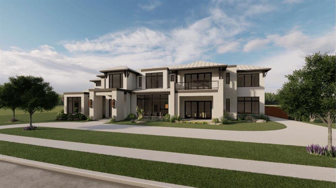 Contemporary two-story residence featuring a light-toned exterior with dark trim accents