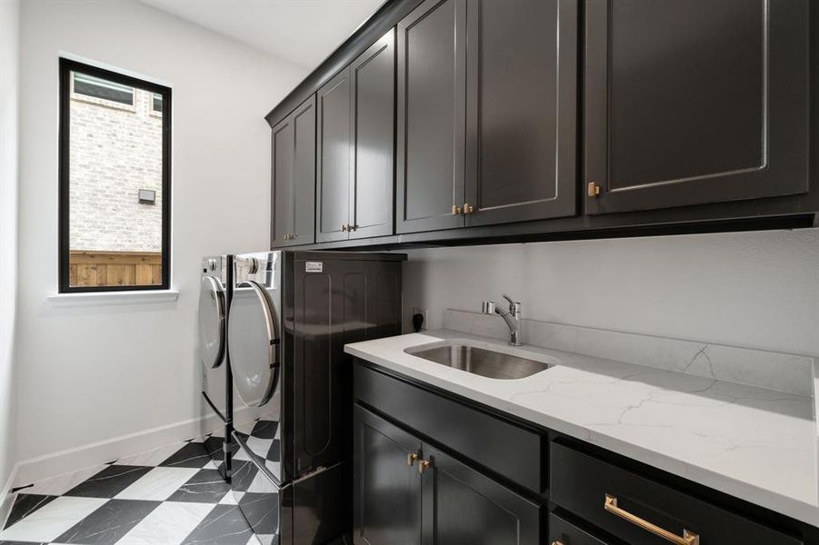 Washroom with cabinet space and independent washer and dryer Washroom with cabinet space and independent washer and dryer