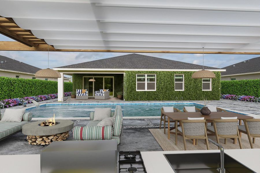 Exterior details and patio area of a home in Hampton Park - Signature Series, Vero Beach (Image 3). Exterior details and patio area of a home in Hampton Park - Signature Series, Vero Beach (Image 3).