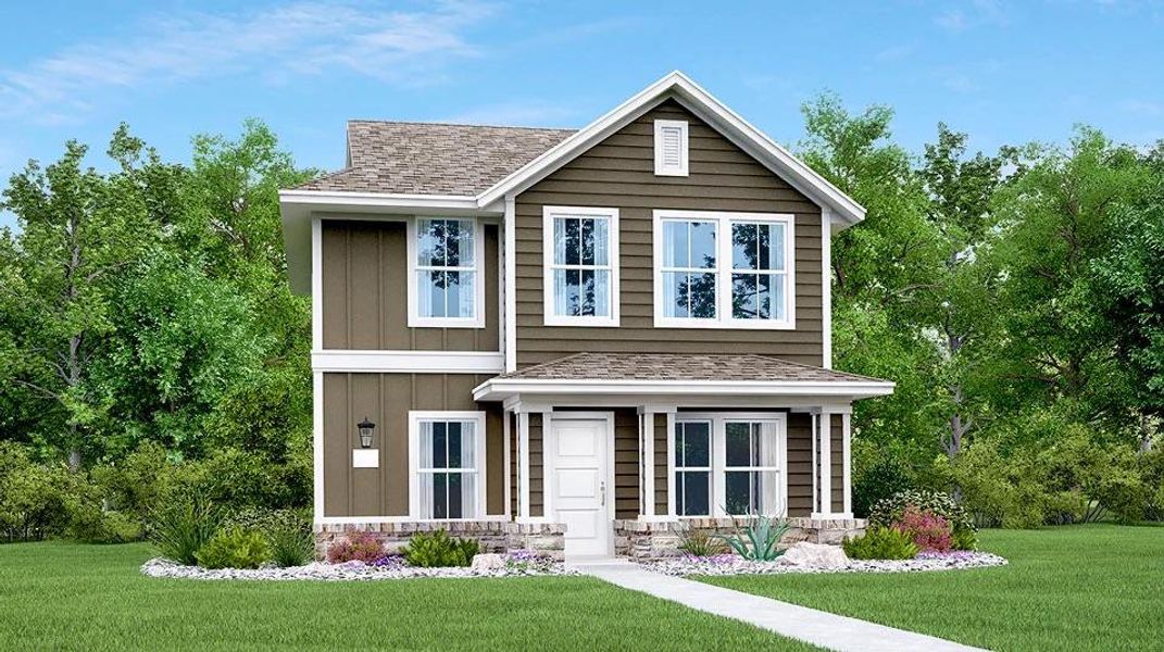 Front exterior of a new home in Plum Creek North: Stonehill Collection, Kyle, TX, highlighting curb appeal (Image 1).