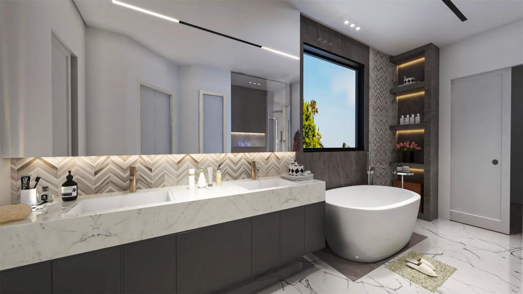 This bathroom features a modern design with a sleek double vanity, marble countertops, a spacious bathtub, and a large window providing natural light. The stylish chevron backsplash and built-in shelving add elegance and functionality. Virtually staged. This bathroom features a modern design with a sleek double vanity, marble countertops, a spacious bathtub, and a large window providing natural light. The stylish chevron backsplash and built-in shelving add elegance and functionality. Virtually staged.