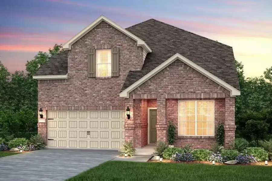 Front exterior of a new home in Mavera, Conroe, TX, highlighting curb appeal (Image 1).