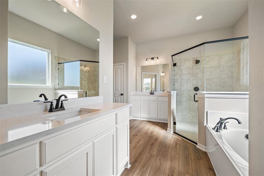 Full bath with a garden tub, two vanities, a shower stall, light wood finished floors, and healthy amount of natural light