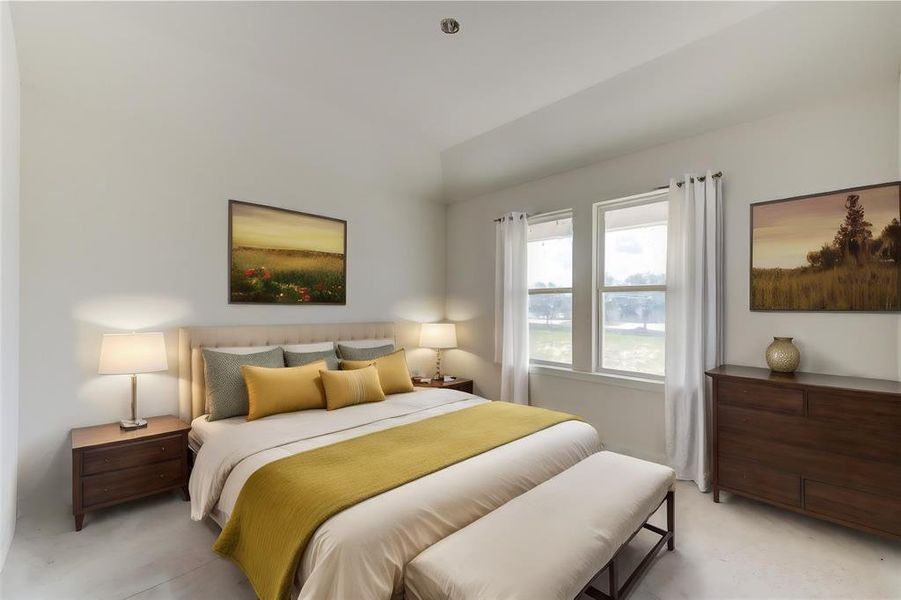 This secondary bedroom showcases its spaciousness and natural light. The high ceiling enhances the room's open feel, making it a perfect retreat. Personalize this versatile space to suit your tastes and enjoy the comfort and serenity it offers. **This image is from another Saratoga Home - Artemis floorplan.**