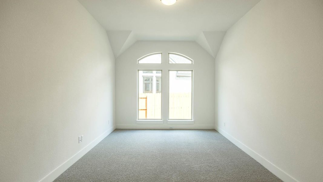 Carpeted spare room featuring plenty of natural light, baseboards, and vaulted ceiling