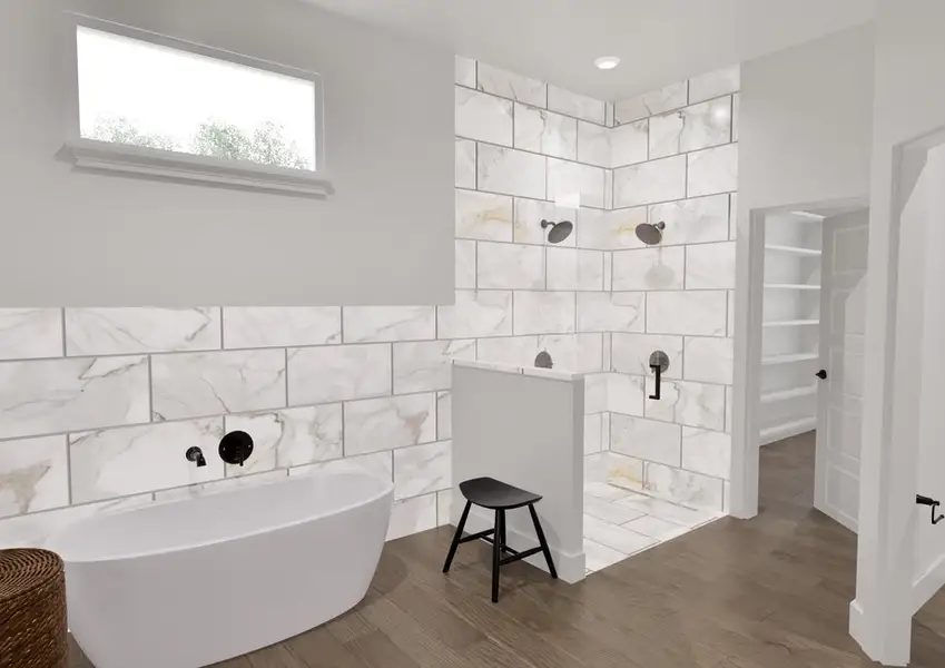 Spacious bathroom featuring a tiled shower, freestanding white tub, and wooden stool on vinyl plank floors. Natural light filters in, creating a serene atmosphere.