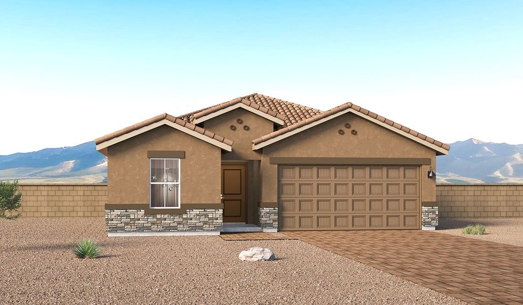 Front exterior of a new home in Entrada Del Toro at Rancho Sahuarita, Sahuarita, AZ, highlighting curb appeal (Image 1). Front exterior of a new home in Entrada Del Toro at Rancho Sahuarita, Sahuarita, AZ, highlighting curb appeal (Image 1).
