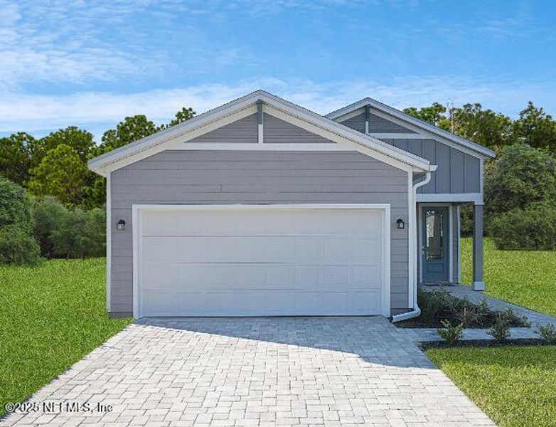 Front exterior of a new home in Granary Park: Granary Park 40s, Green Cove Springs, FL, highlighting curb appeal (Image 10). Front exterior of a new home in Granary Park: Granary Park 40s, Green Cove Springs, FL, highlighting curb appeal (Image 10).