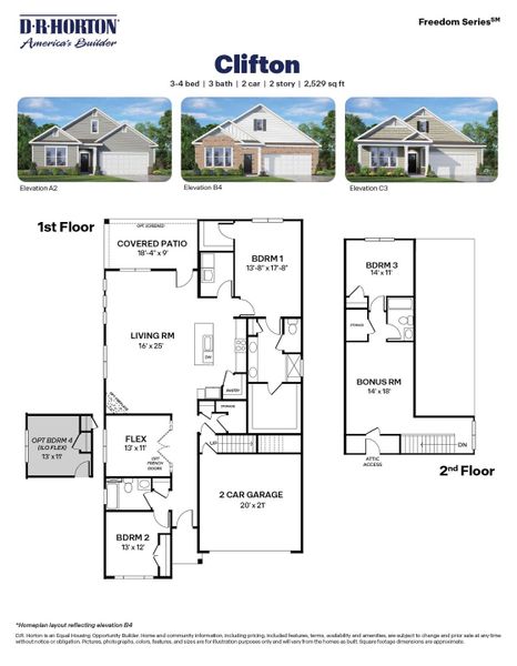 2D floor plan layout for the Clifton by D.R. Horton in The Villas at Galvins Ridge, Sanford, NC (Image 4).