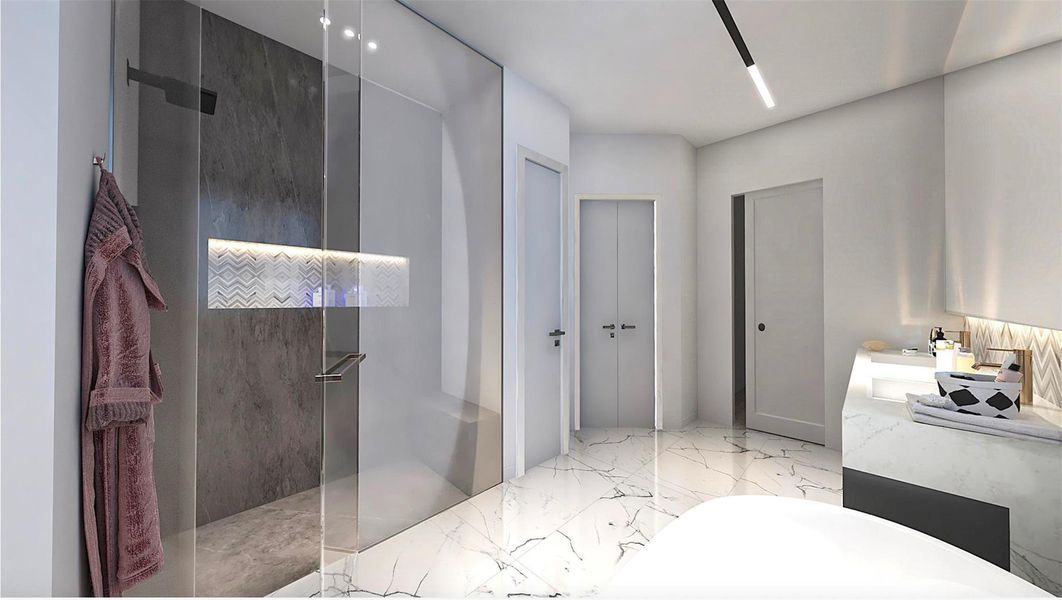 This modern bathroom features sleek marble flooring, a spacious glass-enclosed shower with stylish tile accents, and a contemporary vanity with ample lighting and storage. Virtually staged. This modern bathroom features sleek marble flooring, a spacious glass-enclosed shower with stylish tile accents, and a contemporary vanity with ample lighting and storage. Virtually staged.