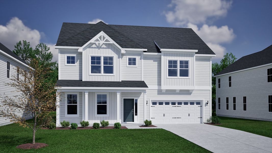 Front exterior of a new home in Pebble Branch, Chapin, SC, highlighting curb appeal (Image 1).