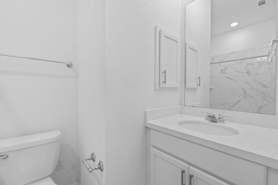 Bathroom featuring toilet, vanity, and a shower