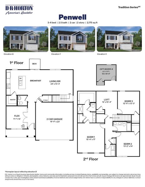 2D floor plan layout for the PENWELL by D.R. Horton in Anderson Farm, Wendell, NC (Image 3).