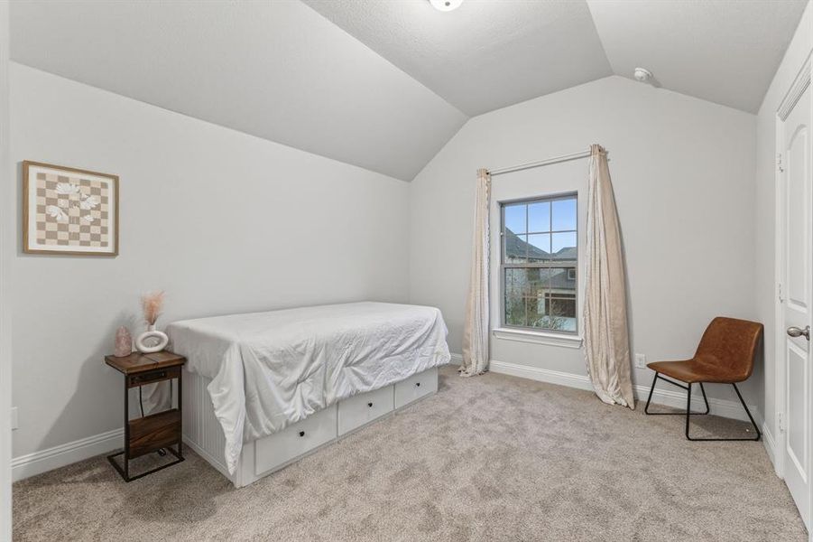 Bedroom with light carpet and lofted ceiling Bedroom with light carpet and lofted ceiling