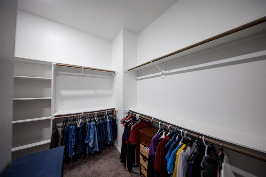 This is a spacious walk-in closet featuring ample hanging space, built-in shelves, and room for storage. It's well-organized and brightly lit, ideal for keeping clothes and accessories neatly arranged.