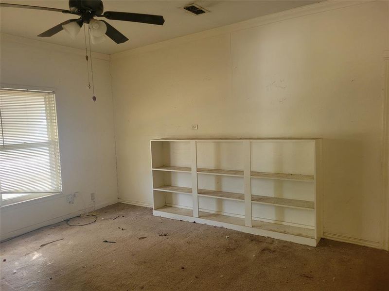 Carpeted empty room with crown molding, plenty of natural light, and ceiling fan