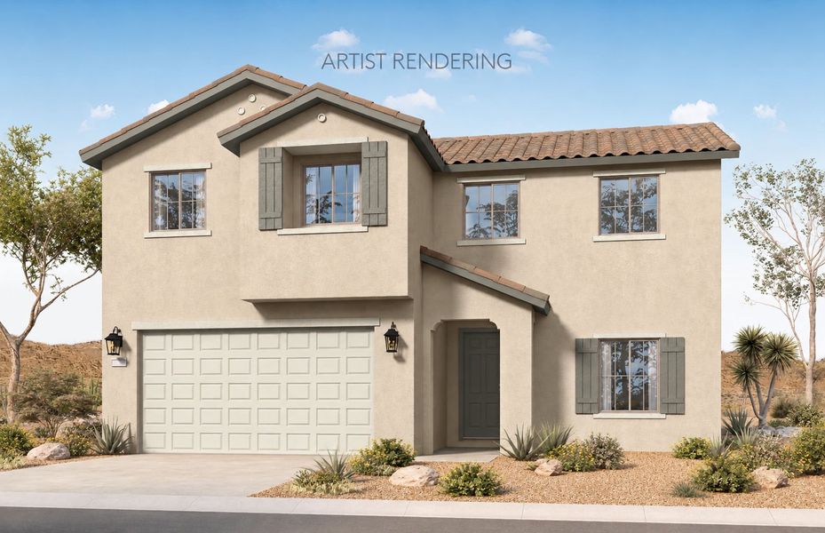 Representative exterior photo of a completed home built from the Starling by Pulte Homes in San Madera, Buckeye, AZ (Image 2). Representative exterior photo of a completed home built from the Starling by Pulte Homes in San Madera, Buckeye, AZ (Image 2).