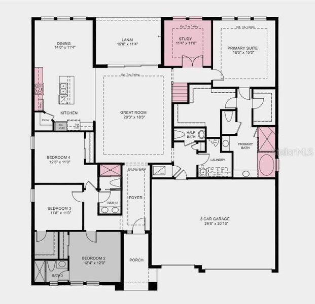 Structural options added include: Gourmet kitchen, study, game room, wet bar at game room, 5th bedroom and 4th bathroom, 3rd full bathroom at bedroom 2, deluxe primary bath, shower at bath 2 and 4, 8' interior doors, tray ceiling package, outdoor kitchen rough-in, and pre-plumb for laundry sink.