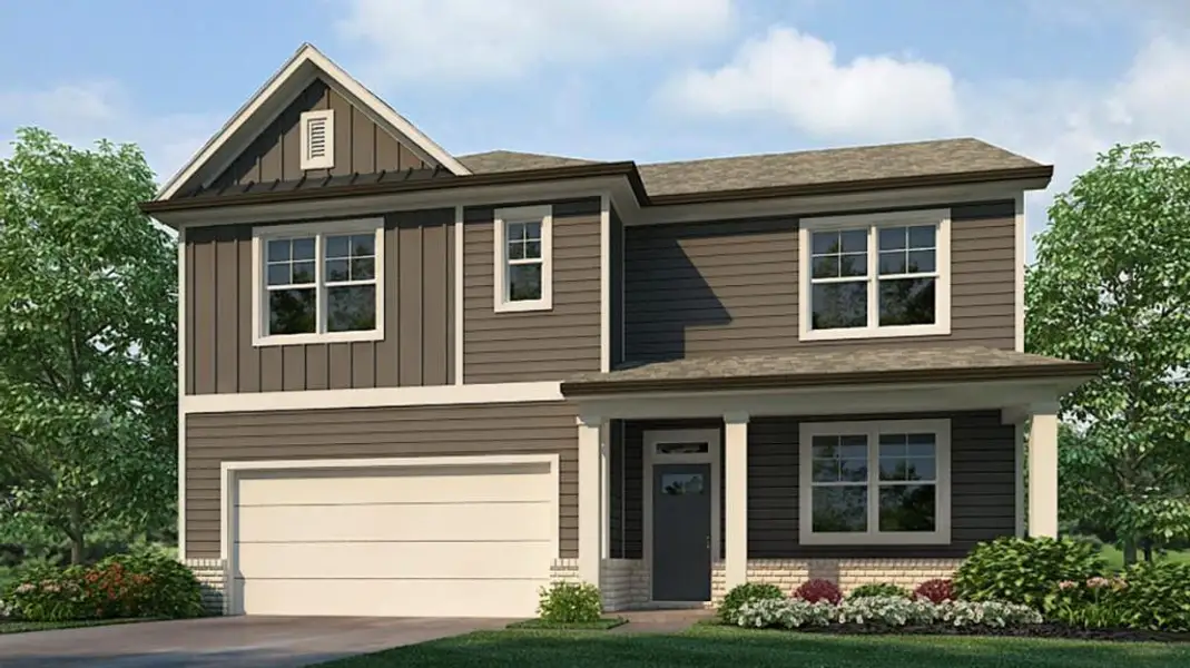 Front exterior of a new home in Hamptons at Riverwood South, Dallas, GA, highlighting curb appeal (Image 1). Front exterior of a new home in Hamptons at Riverwood South, Dallas, GA, highlighting curb appeal (Image 1).