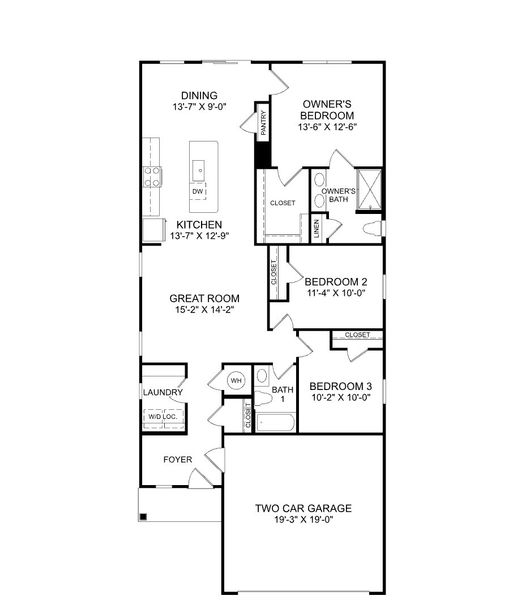 2D floor plan layout for the Rosewood by Ryan Homes in Sterling Oaks, Ash, NC (Image 1).