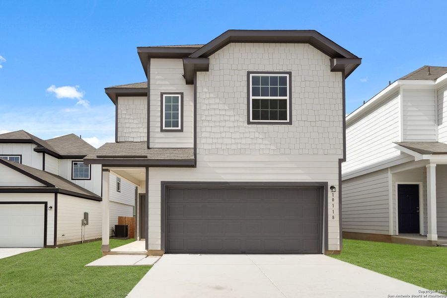Front exterior of a new home in Melissa Ranch, San Antonio, TX, highlighting curb appeal (Image 15).