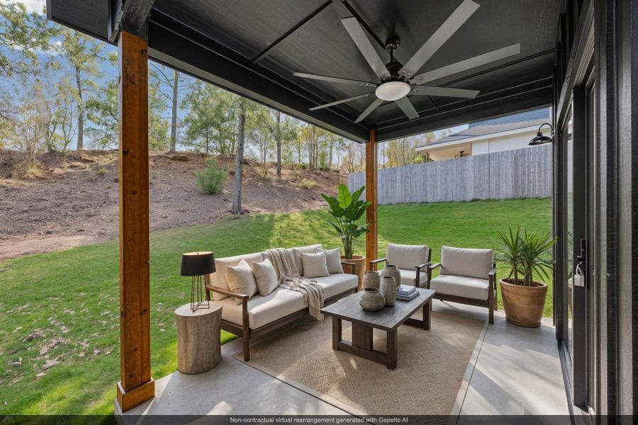 View of virtually staged patio featuring a ceiling fan and an outdoor hangout area