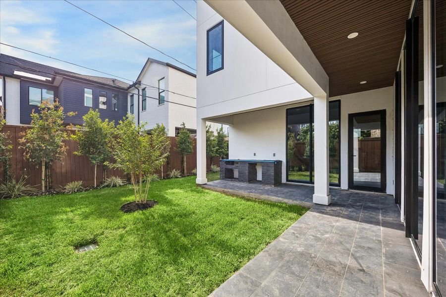 Backyard with covered patio. Backyard with covered patio.