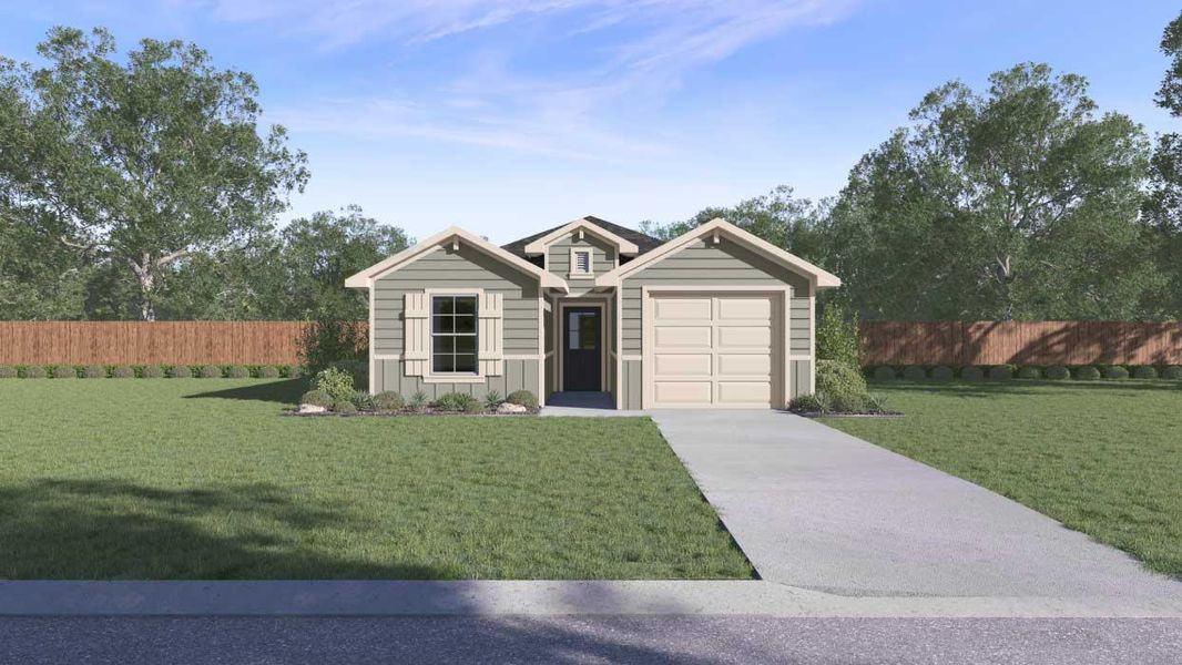 Front exterior of a new home in Marigold, Kyle, TX, highlighting curb appeal (Image 1). Front exterior of a new home in Marigold, Kyle, TX, highlighting curb appeal (Image 1).