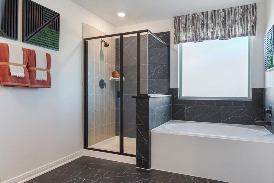 This view highlights the dark framed walk-in shower and large garden tub with obscure window.