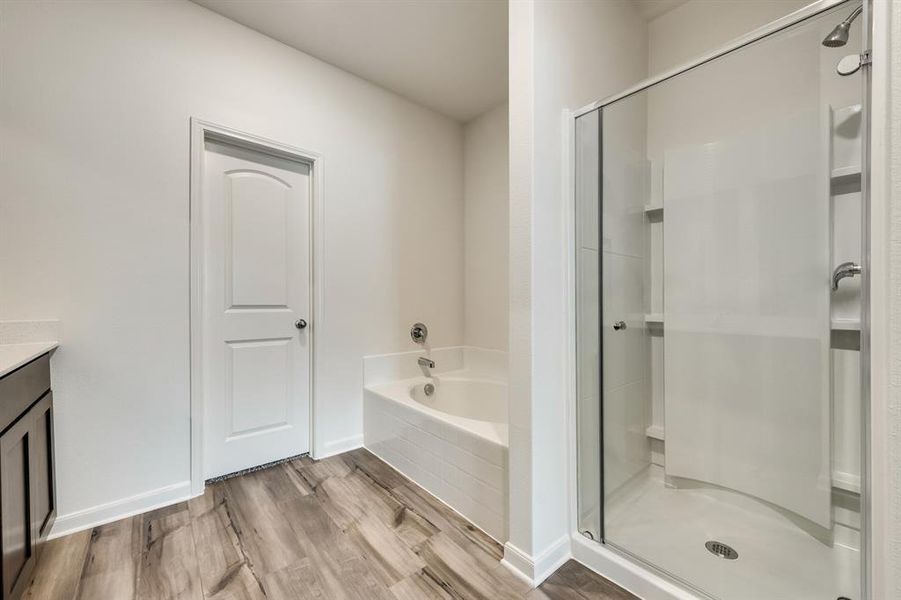 Bathroom with wood-type flooring, independent shower and bath, and vanity