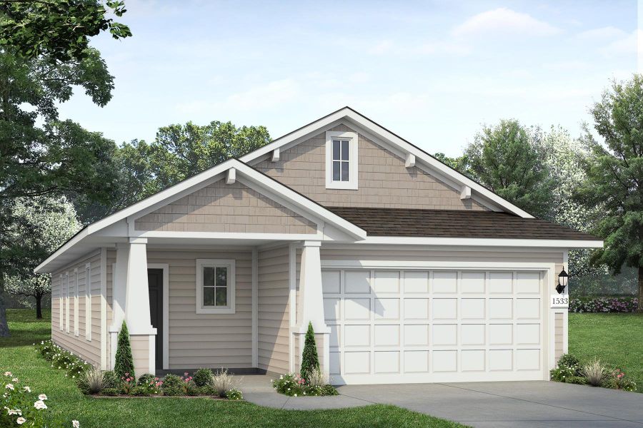 View of front of house featuring a garage, a front yard, driveway, and a shingled roof